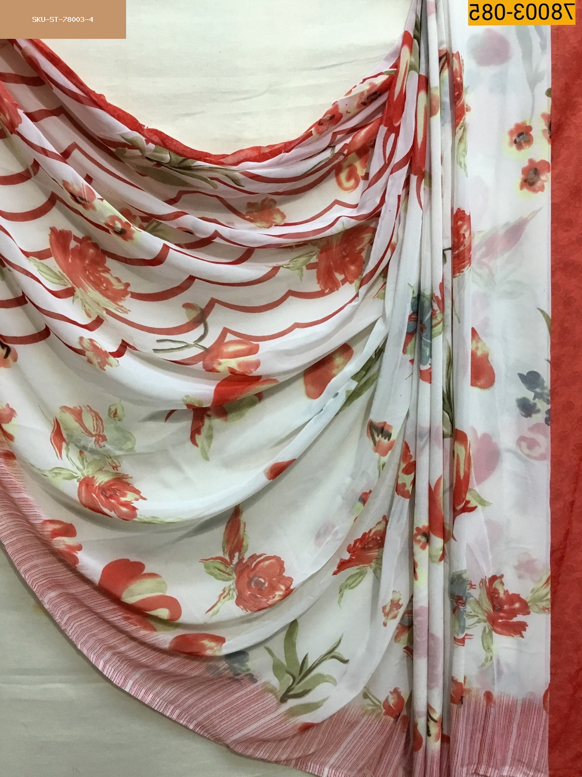 White With Red chiffon printed  sarees